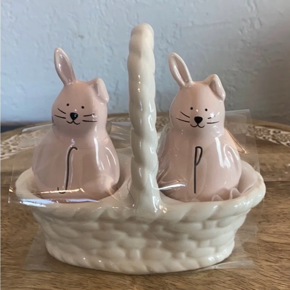 Rae Dunn Ceramic Bunnies Salt and Pepper Shaker Set - Pink and White